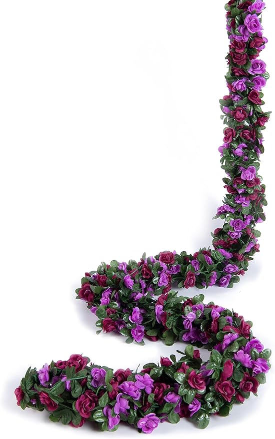 6 Pcs x 8.2 ft Flower Garland Artificial Rose Vine Flowers with Green Leaves Hanging Fake Roses Vine for Room Party Home Wedding Birthday Christmas Wall Arch Decor, Spring Purple Flower