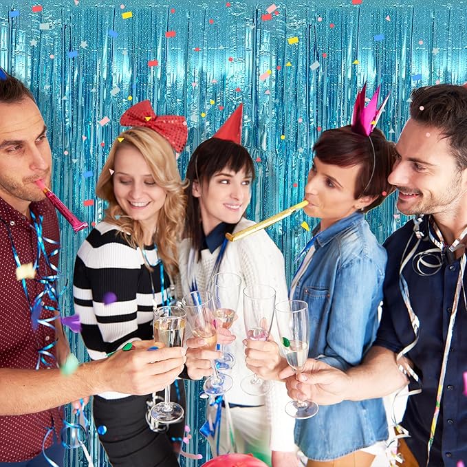 2 Pack Blue Streamers Party Decorations Tinsel Foil Fringe Curtains Photo Booth Celebration Birthday Decorations Ocean Party Decorations