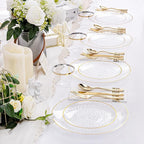 Rubtlamp 175 Pcs Plastic Dinnerware Set (25 Guests), Clear And Gold Plastic Plates, Hammered Party Plates Include Dinner Platos, Dessert Platos, Cups, Gold Cutlery Set And Napkins for Party