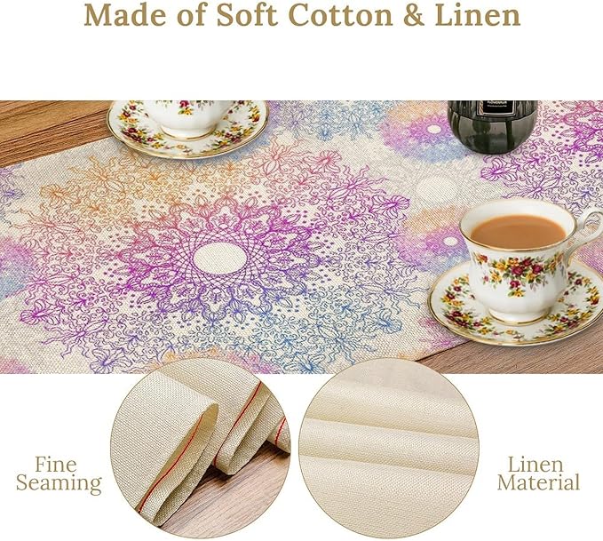 Oriental Mandala Table Runner, Traditional Bohemian Gradiently Purple Pink Blue Mandala Flower Table Runner for Farmhouse Cottage Kitchen Dining Table Decor, 13x120inch