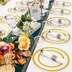 Rubtlamp 350 Pcs Clear Gold Plastic Plates, Disposable Dinnerware, Clear-Gold Plates Set Include 50 Dinner Platos 50 Dessert Platos, 50 Cups, 50 Pre Rolled Napkins with Cutlery Set for Party