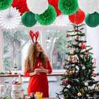 Red Green-White Christmas Party Decorations - 20pcs Mexican Italian Paper Lanterns Fans,Tissue Pom Poms,Honeycomb Balls,Bunting,Birthday Mexico Italy Baby Shower Wedding Decor Burgleda