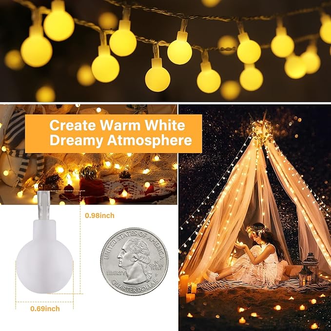 33Feet 100 LEDs Globe String Lights, 8 Modes USB Ball String Lights with Remote for Indoor/Outdoor Commercial Decor, Gardens, Patio, Wedding, Party, Bedrooms, Christmas Decorations, Warm White