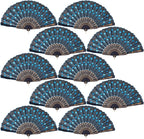 QIRMIZI 10 Pack Fabric Folding Handheld Fans, Perfect for Weddings, Parties, and Dancing,Light Blue