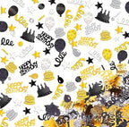 VHUWE Happy Birthday Confetti, 1.6 oz Black Gold Silver Cake Balloon Star Goblet Bottle Glitter Confetti for Happy Birthday Party Decorations Boys Girls Kids Women Men Birthday Table Decorations