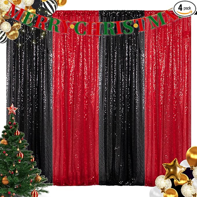 ShinyBeauty 4 Panels Black and Red Sequin Backdrop | 2Ft x 8Ft Sparkle Photo Background | Shimmer Curtains for Photography & Events | Perfect for Christmas & Party Decor