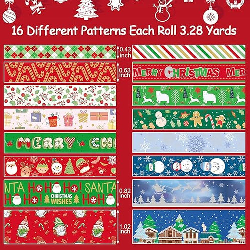 16 Rolls Christmas Washi Tape Holiday Masking Tape Red Green Christmas Wrapping Tape Glod Silver Foil Decorative Tape for Christmas Scrapbook Journal DIY Craft Gift Wrapping（Xmas