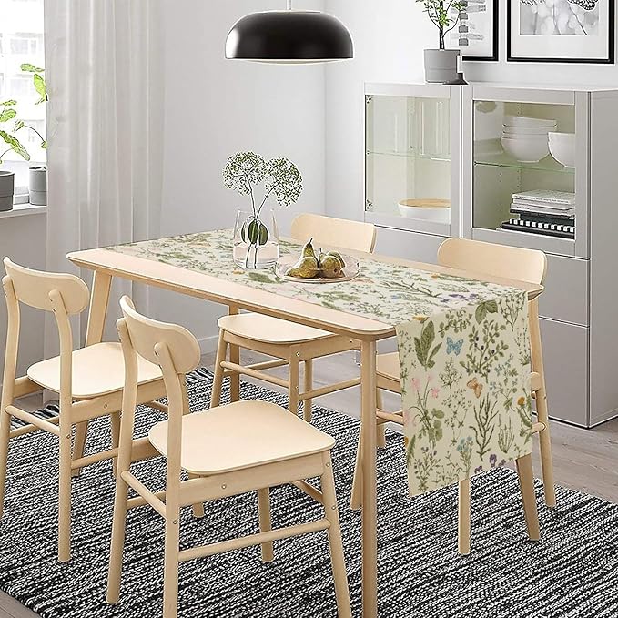 Floral Botanical Table Runner, Garden Spring Flower Botanical Butterfly Animal for Restaurant, Kitchen, Wedding, Party Rectangular Table Runner Decoration,13in（33cm） W * 72in（184cm） L