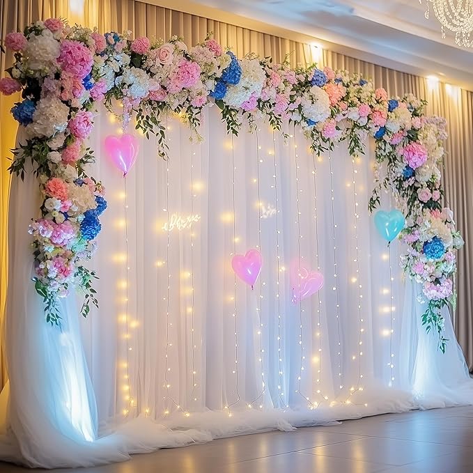 Tulle Backdrop Curtain with Lights String 20 X 10FT White Sheer Tulle Backdrop Curtains for Wedding Birthday Party Reception Photo Booth Background Decorations (4 Panels 5x10FT)