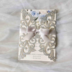 25PCS Silver Glitter Laser Cut Wedding Invitations Cards with Envelopes,Blank Inner Sheets,Ribbons for Wedding Bridal Shower Quinceañera Engagement Birthday Invites
