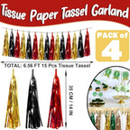 4P Black-Red Gold Foil Fringe Metallic Tassel Garland, Tassels Banner Streamers for Parade Floats, Bachelorette, Wedding, Birthday, Halloween, Christmas, Bridal/Baby Shower Party Decorations