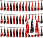 3P Metallic Fringe Tassel Banner Garland Foil Tinsel Streamer Wall Hanging Curtain Backdrop Banner for Parade Floats, Halloween Decorations, Christmas Day Party Decoration(Black red)