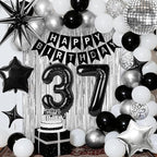 37th Birthday Decorations for Men Women, Black Silver Happy Birthday Party Decorations， 37 Year Old Party Supplies with Number 37 Balloons, Banner, Fringe Curtains Kit