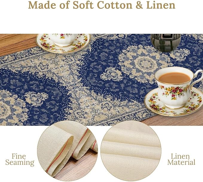 Boho Bohemia Style Dark Blue Table Runner, Country Rustic Farmhouse Magical Abstract Print Pattern for Home Kitchen Table Decor Dining Coffee Room Garden Party Decor 13x120in