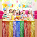 BEISHIDA 2 Pack Rainbow Metallic Tinsel Foil Fringe Table Skirts for Rectangle and Round Tables - Kids' Birthday, Baby Shower, Holiday Party Decor