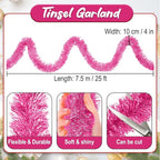 25 Feet Pink Christmas Tinsel Garland, Metallic Foil Twist Banner Wall Hanging Tinsel Streamers Backdrop for Parade Floats, Christmas, Mother's Day, Birthday Party Decorations(4in x 25ft)