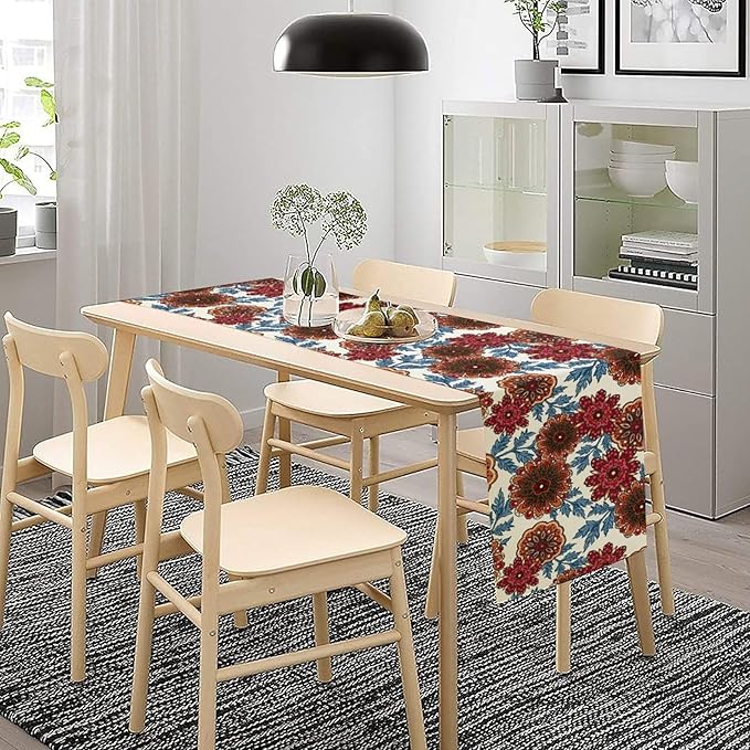 Mandala Flower Table Runner, Vintage Oriental Exotic Native Red Floral Blue Branch Leaves Botanical Print Table Runner for Farmhouse Kitchen Dining Table Decor, 13x60inch