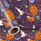 LeZakaa Purple Halloween Wrapping Paper Roll, Cute Trick-or-Treat Ghosts Pumpkins Witch Hats Gift Wrap for Kids Teens Adults, Halloween Decor, Party Favors, Mini Roll 17 in x 16.4 Ft