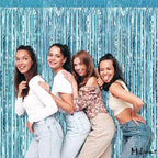 4 Pack Fringe Curtain Backdrop, 3.2Ft x 6.6Ft Light Blue Metallic Tinsel Foil Fringe Streamers Background for Photo Booth Birthday Wedding Baby Shower Easter Pool Ocean Underwater Party Decorations