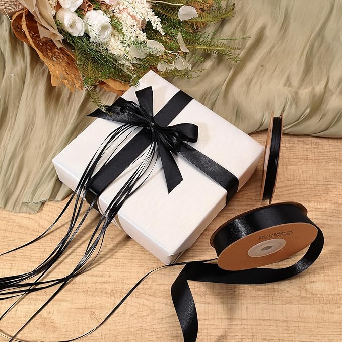 LaRibbons Black Satin Ribbon 1 Inch 50 Yards Luxury Double Faced Red Silk Ribbon for Flower Bouquet Crafts Gift Wrapping Bow Christmas Decoration