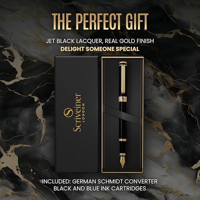 Scriveiner Black Lacquer Fountain Pen - Stunning Luxury Pen, Real Gold Plating, Schmidt Gilded Nib (Fine), Best Pen Gift Set for Men & Women, Professional, Executive, Office, Nice Pens