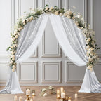 Wedding Arch Draping Fabric, 1 Panel 28" x19ft White Arch Drapes & 1 Panel 16" x19ft Silver Sequin Fabric Drapes Arbor Backdrop Curtain for Wedding Arch Ceremony Bridal Shower Reception
