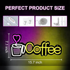Coffee Neon Sign LED lights for Business,Dimmable 5V USB Powered for Wall Decor - LED Light Up Sign for Club Windows Glass Party-Restaurant Room Decoration Gift for Friends (15.1 * 7.1in)