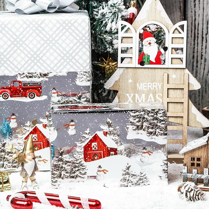 LeZakaa Christmas Silver Wrapping Paper Jumbo Roll for Boy Kid, Red Truck, Snowy Pine Forest & Grid Plaid, Silver Foil Reversible Design for Winter Holiday Family Gathering, 30 inches x 100 Feet