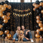 Black Backdrop Curtain with Lights String for Parties,10x10FT Wrinkle Free Black Drapes Wedding Photo Backdrop Curtains for Baby Shower Birthday Ceremony Reception Home Party Decorations