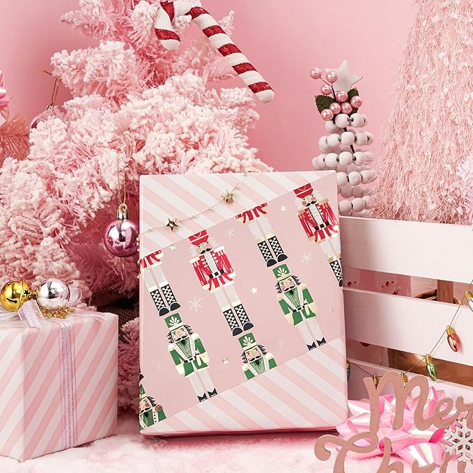 LeZakaa Christmas Pink Wrapping Paper Jumbo Roll for Kids, Pink Metallic Foil Gift Wrap Paper with Red & Green Nutcracker Soldier & Stripe Reversible Design, 30 inches x 32.8 Feet