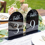 Black Arch Acrylic Table Numbers for Wedding Reception - 5" x 7" White Font Centerpiece Set with Holder Stands & Head Table Sign - Anniversary, Event, Party, Wedding Set 1-15