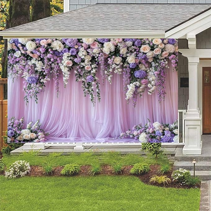 7x5ft Purple Lavender Floral Bridal Backdrop Wedding Flower Photography Backdrop for Girl Portrait Baby Shower Birthday Party Decor Banner Mother's Day Party Wall Backdrop Studio Photo Backgrounds