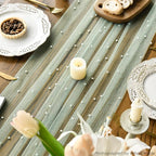 Artoid Mode Pearl Grass Green Gauze Table Runner 59x120 Inch , Seasonal Sheer Kitchen Dining Holiday Wedding Birthday Baby Shower Table Decor for Home Party