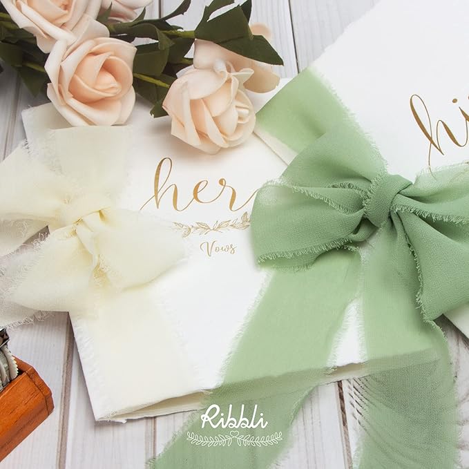Ribbli Sage Green Chiffon Ribbon 1-1/2 inch x 30 Yard Handmade Fringe Chiffon Sage Silk, Sage for Wedding Invitations, Bridal Bouquets Wrapping, Flower Arrangement Decoration