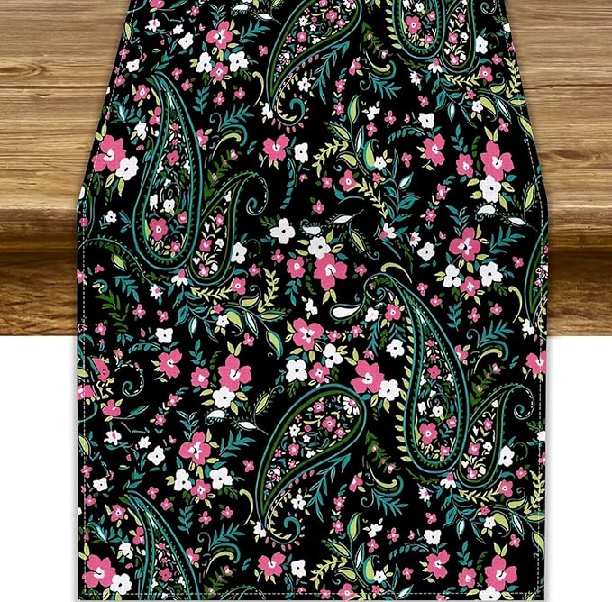 Paisley Table Runner, Abstract Vintage Boho Pink Paisley Flowers Green Teal Leaves Print Table Runner for Dinning Holiday Party Indoor Outdoor Decor, 13x70inch