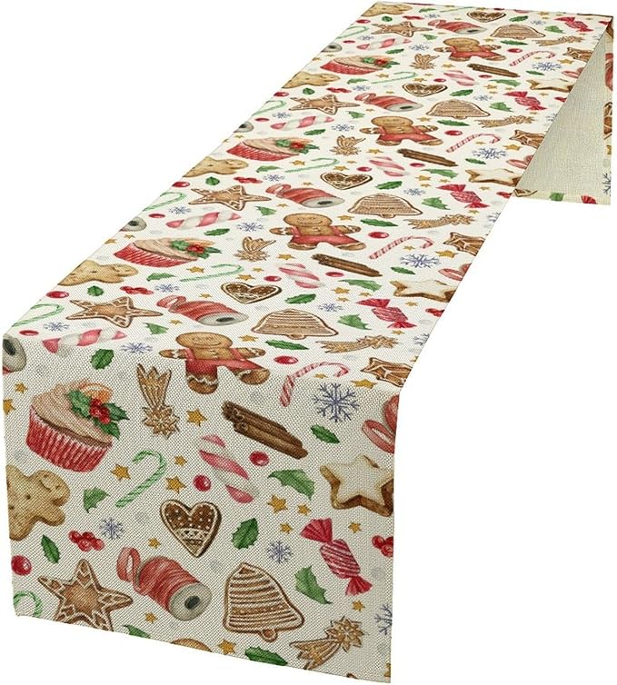 Christmas Table Runner, Christmas Gingerbread New Year Xmas Table Cloth Kitchen Dining Table Decoration for Home Party Decor 13x70 Inch