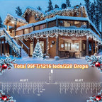 KNONEW 99FT 1216 LED Christmas Lights Outdoor Decorations 8 Modes White Curtain String Light with 228 Drops, Clear Wire LED String Light Indoor Decor for Wedding Party Holiday Christmas