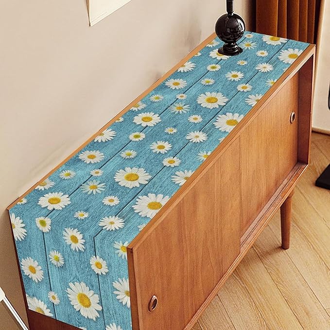 Spring Daisy Table Runner, Farmhouse Seasonal Summer Flower Retro Country Table Center Decor for Home Kitchen Dining Patio Holiday Party Indoor Outdoor Table Decorations, 13"x90" Inch