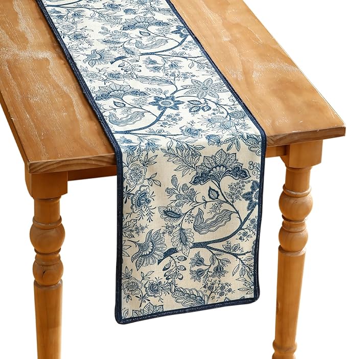 ISAENNE Designer Chinoiserie Elegant Linen Table Runner 71 Inches Long,Blue Floral Pattern Decor Table Runners for Thanksgiving,Dining Room,Banquet,Kitchen Tables,Christmas,12"*71"-Ruyi B