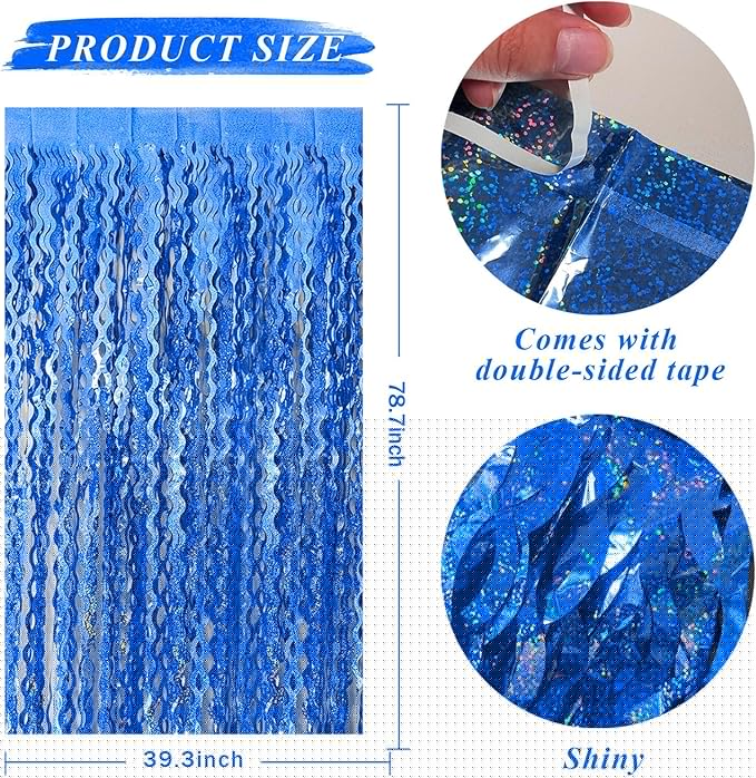 Blue Backdrop Wavy Tinsel Foil Fringe Curtains for Parties Sparkle Metallic Wavy Blue Birthday Decorations for Streamers Party Decorations Photo Booth Props Birthday Ocean Party Decor Supplies