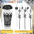 Yungyan 16 Sets Checkered Flag Party Favors Goodie Cups with Lids and Straws for Birthday Decorations Reusable 16oz Plastic Candy Cups Plastic Straws for Birthday Party (Checkered Flag)