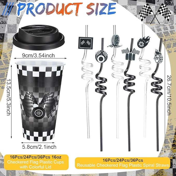 Yungyan 16 Sets Checkered Flag Party Favors Goodie Cups with Lids and Straws for Birthday Decorations Reusable 16oz Plastic Candy Cups Plastic Straws for Birthday Party (Checkered Flag)