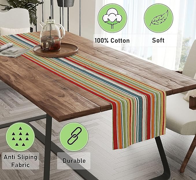 Ruvanti 100% Cotton Table Runner 36 Inches Long, Non-Slip, Stain Resistant, Washable & Reusable Table Runners Perfect for Wedding, Parties, Christmas, Holiday, in-Door use - Multi Stripe