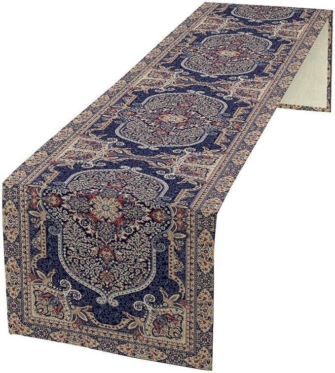 Vintage Boho Floral Table Runner, French Rustic Country Farmhouse Purple Golden Bohemia Flower Pattern for Home Kitchen Table Decor Dining Coffee Room Party Decor 13x108in