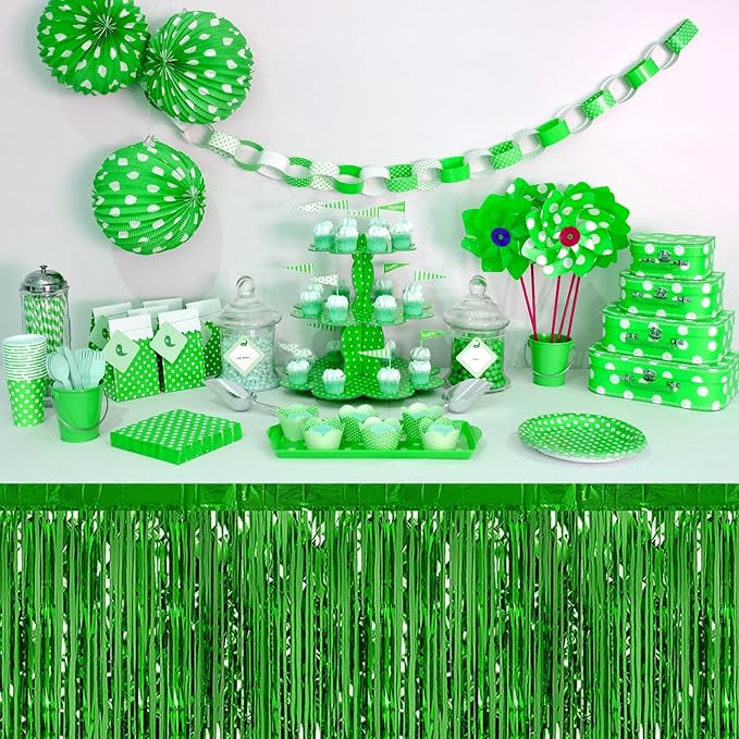 3 Pack 29 x108 Inch Green Foil Fringe Table Skirts Metallic Banner for Tinsel Streamer Garland Backdrop for Parade Floats Wedding Thanksgiving Birthday Christmas Halloween New Year Party Decoration