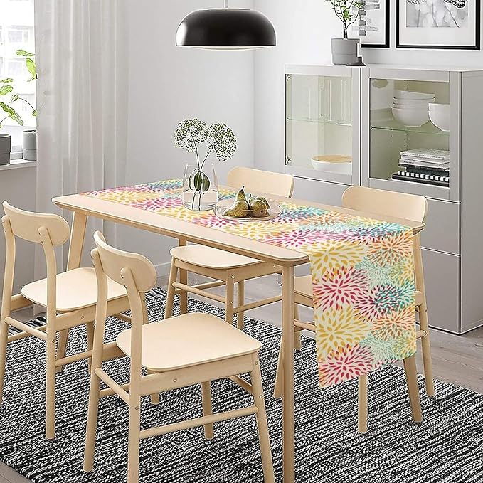 Abstract Flowers Table Runner, Chrysanthemum Dahlia Vintage Modern Colorful Spring Summer Elegant Table Runner for Party Kitchen Dining Living Room Laundry Room Decor, 13x60 Inch