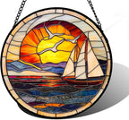 Stained Glass Window Hanging, Sun Ocean Sailboat Seagull Abstract Suncatcher Diamond Glass Panel Sun Catchers Decor for Birthday for Women, Men, Wife, Aunt, and Mom 6.3 in