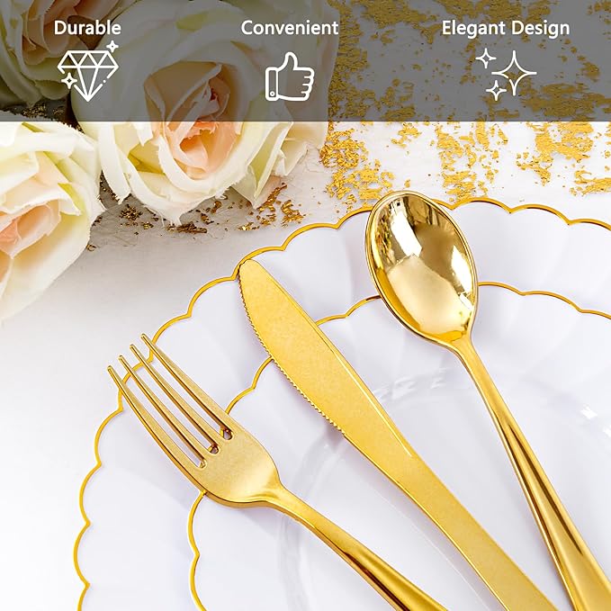 YOUBET 350PCS Gold Scalloped Plastic Plates - White and Gold Disposable Dinnerware Set Include 100 Plates, 150 Gold Silverware, 50 Cups, 50 Napkins for Wedding & Party & Thanksgiving