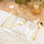 Goodluck 352-Piece Clear Plastic Dinnerware Set for 50 Guests, Includes: 100 Clear Square Plates with Gold Trim, 50 Rolled Napkins, 50 Cups, 50 Cutlery Set and 2 Tablecloths