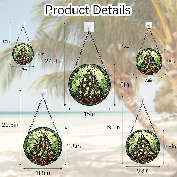 Stained Glass Window Hanging - Green Christmas Tree Golden Bells Suncatcher for Doors Home Christmas Decoration Sun Catcher Thanksgiving New Year Birthday Gift for Women Men Mom Nana 11.8 in